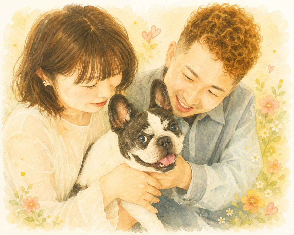 フレンチブルドッグのひまりさんと夫婦のイラスト